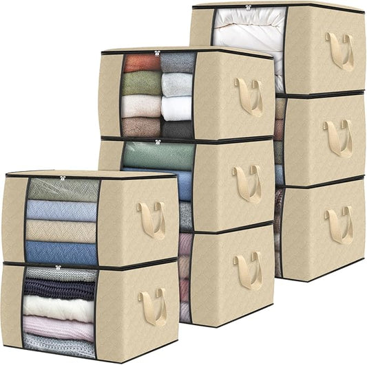 Fab totes 8 Pack Clothes Storage, Foldable Thick Fabric Blanket Storage Bags, Containers for Organizing Bedroom, Closet, Clothing, Comforter,Organization with Handle,Beige
