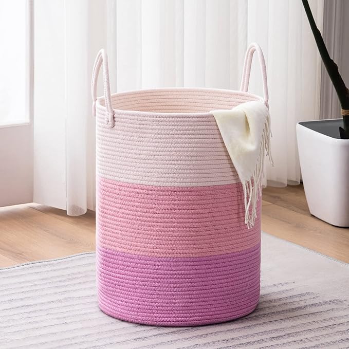 Woven Rope Laundry Hamper Basket, 58L Tall Luandry Basket, Baby Nursery Hamper for Blanket Storage, Clothes Hamper for Laundry in Bedroom-Large-Pink