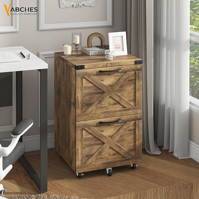 Farmhouse File Cabinet with 2 Drawers, Vertical Filing Cabinet on Wheels for Letter/A4 Size Hanging Files, Mobile File Cabinets Printer Stand for Home Office, Rustic Brown