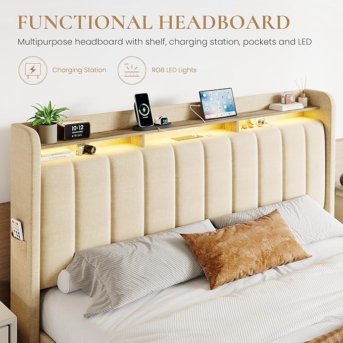 SHA CERLIN King Size Platform Bed Frame with Vertical Channel Tufted Wingback Headboard & 2 Storage Drawers/2-Tier Shelves with LED Lights & Charging Station/Noise-Free/No Box Spring Needed/Beige