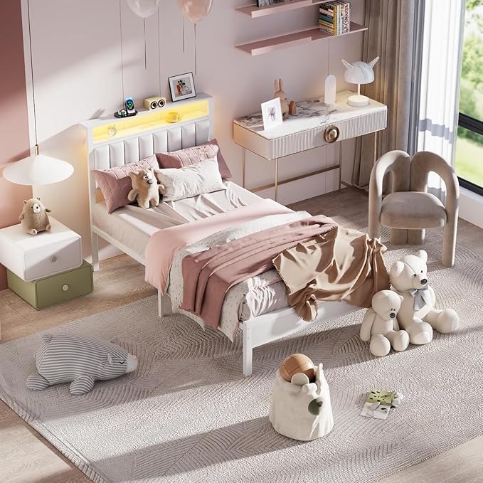 Furnulem Twin Size Bed Frame with Charging Station & LED Lights, Modern Platform Bed with 2-Tier Storage Shelves, White PU Leather Upholstered Headboard, No Box Spring Needed, Metal Slats Support