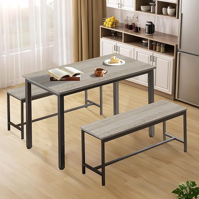 NicBex Dining Table Set for 4, 3 Piece Farmhouse Kitchen Table with 2 Benches, Small Breakfast Nook Table Set for Kitchen or Dining Room Grey