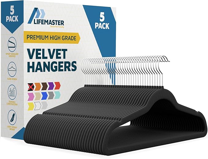 Velvet Clothes Hangers – with 360 Degree Swivel Hook and Non-Slip Shoulder Notch, Holds Up to 10 lbs, Heavy Duty Hanger Set, for Organizing Suit, Dress, Coat, and Clothes, Pack of 5, Black