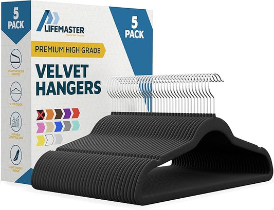 Velvet Clothes Hangers – with 360 Degree Swivel Hook and Non-Slip Shoulder Notch, Holds Up to 10 lbs, Heavy Duty Hanger Set, for Organizing Suit, Dress, Coat, and Clothes, Pack of 5, Black