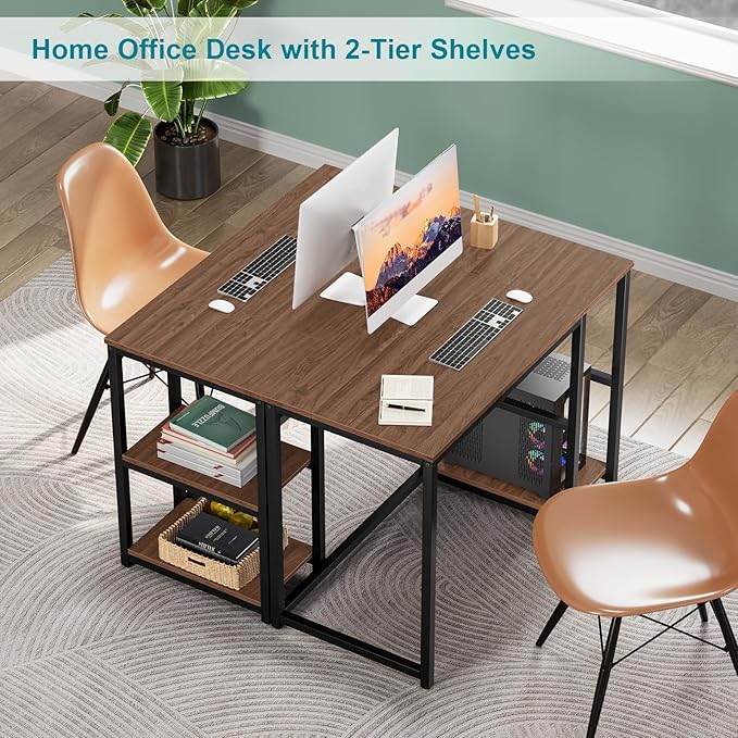 SINPAID 40" Vintage Desk with Shelves, Sturdy Dark Brown Desks with Storage, Rustic Desk Wooden