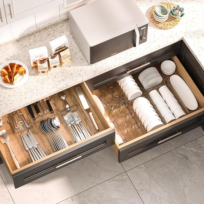 HiYZ Expandable Drawer Dividers - 12.6-22.8'' Adjustable Drawers Organizers for Kitchen Utensils, Drawer Separators in Bedroom, Dresser, Office, Bathroom, Fridge, 5 Pack Long Dividers-Clear