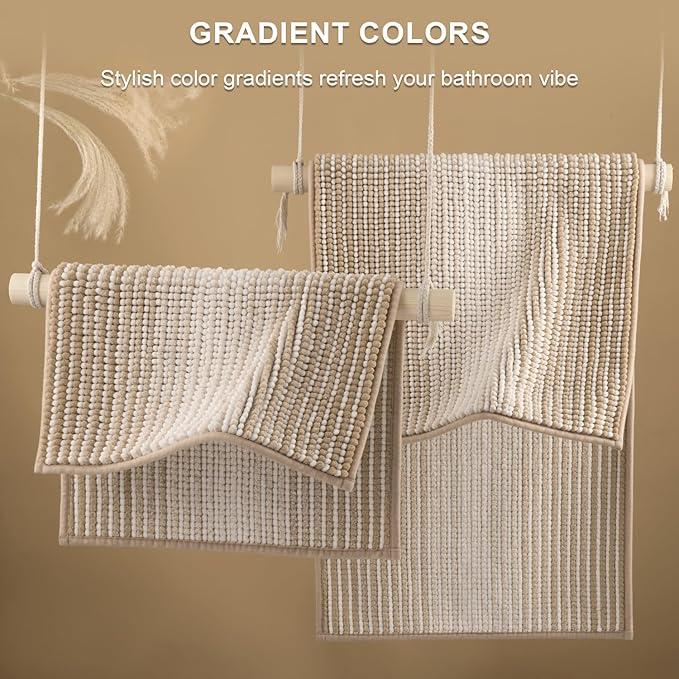 BSICPRO Bathroom Rugs and Mats Sets, 2 Piece Thick Absorbent Chenille Bath Mat Rug Set Non Slip, Soft Shaggy Bath Floor Mats for Bathroom, Machine Washable (20" x 47" Plus 16" x 24", Beige)