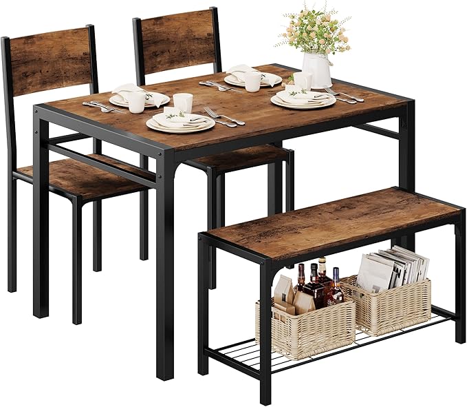 Shahoo Kitchen Table and 2 Chairs for 4 with Bench, 4 Piece Dining Sets for Small Space, Brown