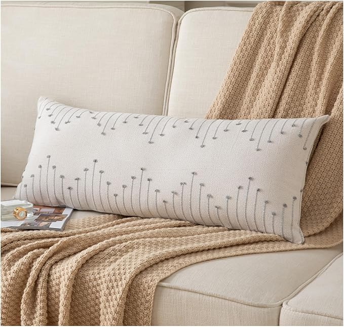 Caflife Boho Lumbar Pillow Cover 14x36 Long Pack of 1 Decorative Pillows Bed, Beige with Grey Body Throw Pillow Covers, for Modern Farmhouse Sofa Bedroom Living Room Home Decor Couch Pillowcase