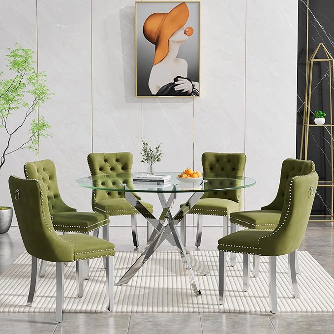 Goujxcy Round Dining Table Set for 6, Modern Glass Kitchen Table and Chairs Set of 6, 7-Piece Dining Room Table Set w/47 Circle Silver Glass Dining Table and 6 Upholstered Velvet Chairs