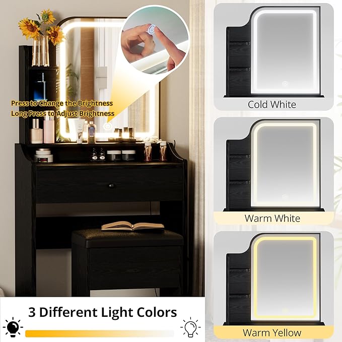 LIKIMIO Small Makeup Vanity Desk with Mirror and Lights, Vanity Table Set with Storage Drawer, Chair and Three Shelves, Bedroom, Black