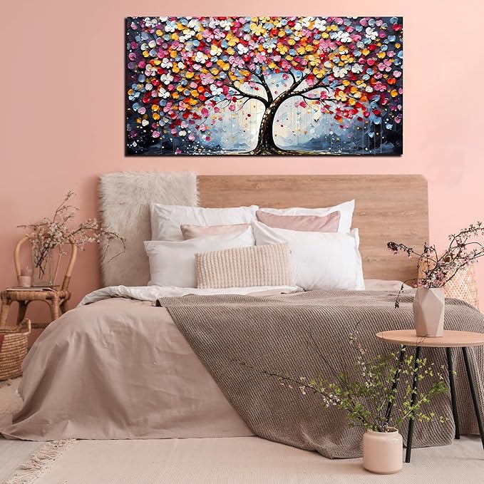 Zoyotago Large Canvas Wall Art Colorful Flower Tree Picture Gray Backgrounds Canvas Prints Ready to Hang for Bedroom Living Room Size 24x48