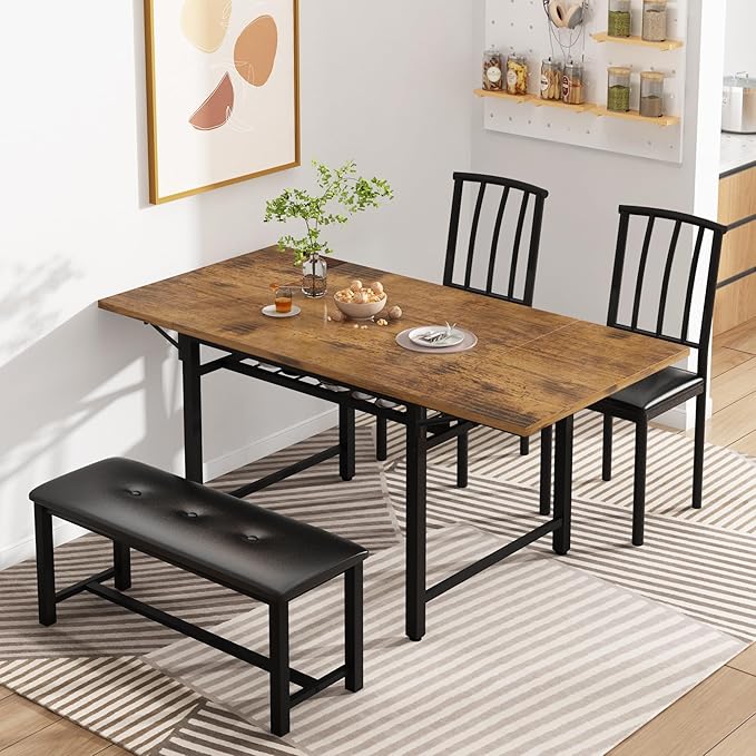 Lamerge 4-Piece Dining Table Set for 3-6 People, 63" Extendable Kitchen Table Set with 1 Bench and 2 Backrest Chairs, Faux Wood Table Square Dining Table Set with Drop Leaf for Small Space