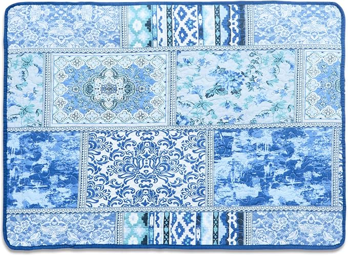 NEWLAKE Quilted Cotton Bed Pillowcases, Blue Classic Bohemian Pattern, 2 Pieces, 20x27 Inch