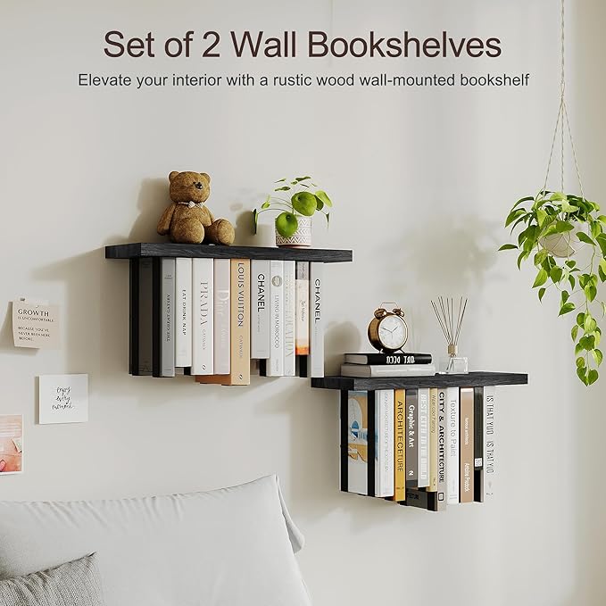 Floating Bookshelves for Wall, Rustic Wood Hanging Wall Bookshelf, Upside Down Book Shelf and Wall Mounted Bookshelves for Home Decor in Bedroom, Living Room, Black 2 Pack