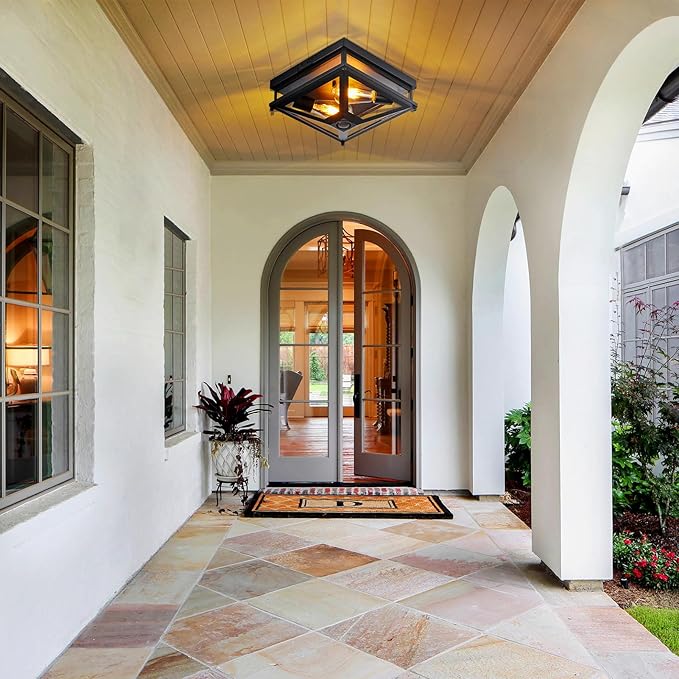 Motion Sensor Outdoor Flush Mount Ceiling Light, Modern Farmhouse Ceiling Lights with Clear Glass, Matte Black Industrial Iron Light Fixtures for Entryway Garage Hallway Patio Porch