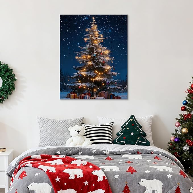 Framed Christmas Pictures Wall Decor,Vintage Pine Tree Prints,Winter Christmas Canvas Wall Art Decoration for Bedroom Bathroom Living Room Rustic Xmas Holiday Gifts (Christmas Tree 13, 16'' X 20'')
