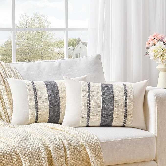 Fancy Homi Set of 2 Neutral Grey Farmhouse Long Lumbar Decorative Throw Pillow Covers 14x24 Inch for Couch Bed Chair, Vintage Country Rustic Retro Room Decor, Soft Thick Cotton Rectangle Cushion Case