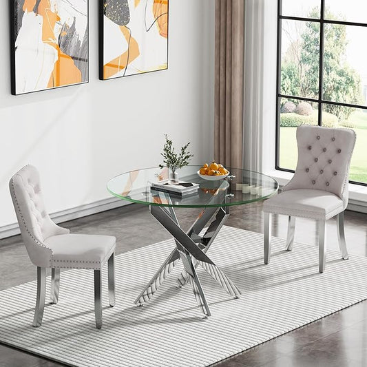 Round Glass Dining Table,Dining Room Table with Tempered Glass Tabletop and Metal Legs, Modern Style Glass Kitchen Table for Home, Kitchen, Dining Room