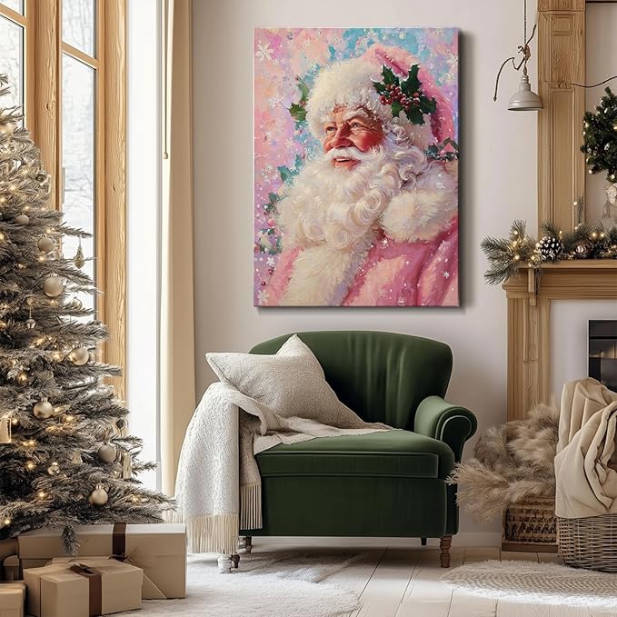Vintage Pink Santa Claus Girl Christmas Canvas Wall Art - Whimsical Framed Print for Bedroom & Living Room, Unique Christmas Gifts, Playful Christmas Decorations & Pink Winter Decor