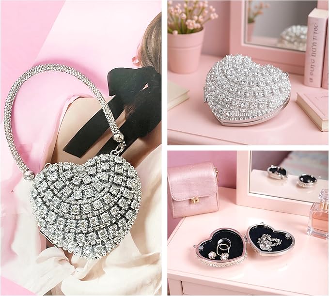 Ayliss Jewelry Trinket Box Heart Shaped Rhinestones Love Jewelry Gift Box Storage Organizer Ring/Earrings/Necklace Women Evening Clutch Rhinestone Purses (Silver)