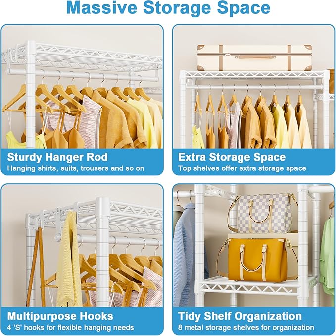 Ulif E4 Clothes Rack, Heavy-Duty Garment Rack, Metal Freestanding Clothing Organization Storage System Can Be L-shaped with Shelves and Hangers, Max Load 962lbs, 71.6" W x 14.5" D x 79.3" H, White