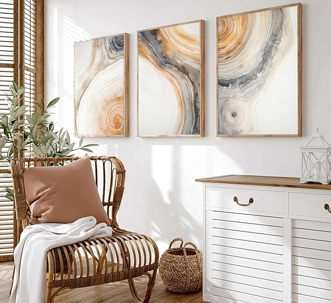 3 Pcs Beige Tree Rings Canvas Wall Art Modern Neutral Abstract Geome Nature Tree Ring Paintings Pictures Wall Decor Poster Print Artwork for Living Room Bedroom Office Home Decoration Unframed