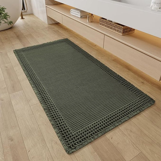 RESARE Waffle Bathroom Runner Rugs, Super Absorbent Bath Mat Non Slip Washable Quick Dry, Upgraded Ultra Soft Boho Bath Rugs with Tassels for Hallway Bedroom Laundry Room, 2'x4'(24"x48"), Green