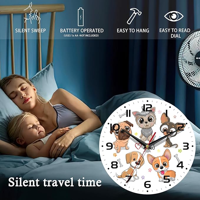 Wall Clock, 10 Inch Silent Non-Ticking Home Kitchen Decor, Battery Operated for Bathroom Bedroom Living Room Office(Cute Dogs)