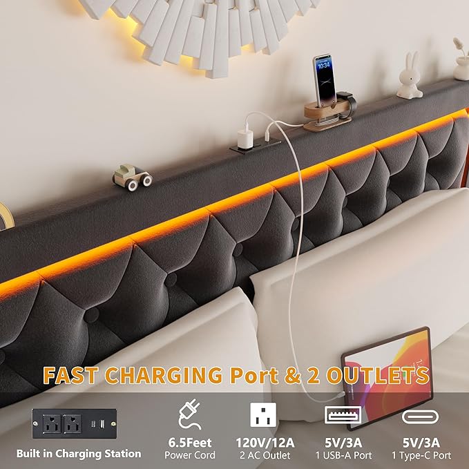 Queen Bed Frame with 4 Storage Drawers, Velvet Upholstered Bed Frame Queen Size with Charging Station and LED Lights, 46" Adjustable Button Tufted Headboard, No Box Spring Needed, Grey