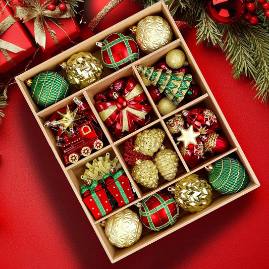 Alupssuc 82pcs Christmas Balls Ornaments Set, Delightful Classic Gift Set, Shatterproof Plastic Decor for Xmas Tree Holiday Wedding Party Decorations with Hanging Strings, Gold, Red and Green