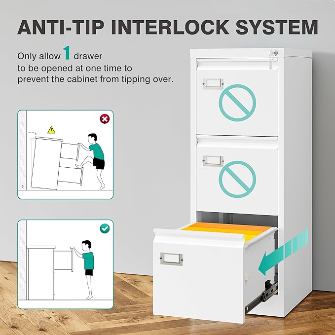 SISESOL 3 Drawer File Cabinet with Lock and Tag,Narrow Three Drawer Filing Cabinet,Vertical Metal File Cabinets,White Filing Cabinets for Home Office Fit Letter/A4/Legal Size File,Easy Assembly