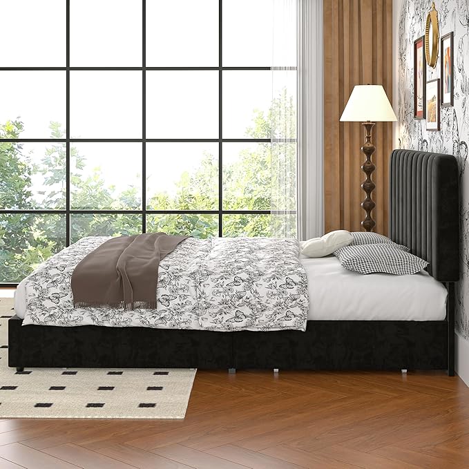 VECELO Queen Size Upholstered Bed Frame with 4 Drawers and Headboard, Velvet Platform Storage Bedframe, Wooden Slats Support, No Box Spring Needed,Black