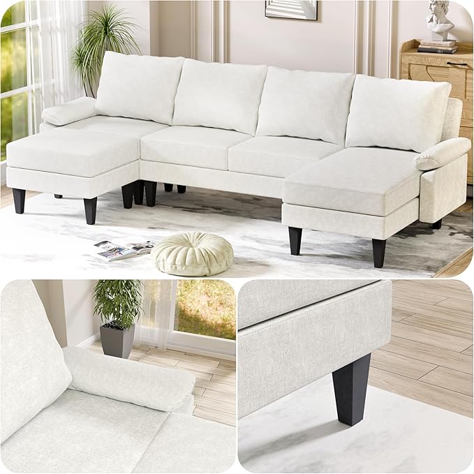 FONTOI 115 Inch U Shaped Sectional Couch with Chaise, 5-Seat Sofa with Moveable Ottoman, Modern Modular Sofa for Living Room, Apartment, Off-White