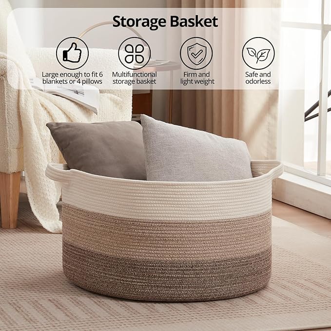OIAHOMY Extra Large Storage Basket, 24" x 15" Woven Blanket Storage for Living Room, Round Laundry Basket for Pillow - Gradient Brown