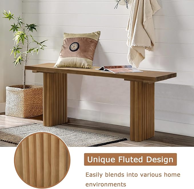 Solid Wood Entryway Bench - 43.3" Fluted Farmhouse Bench, Indoor Long Dining Benches Seat Narrow End of Bed Benches for Entry Way, Kitchen, Living Room and Bedroom, Brown
