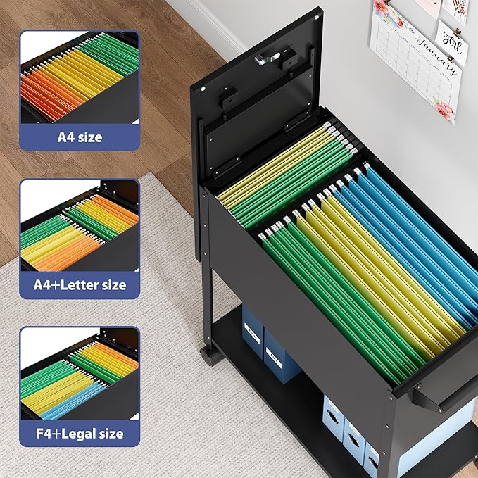 Metal Mobile File Cabinet, Rolling File Cart File Box with Sliding Cover and Wheels, Rolling Filing Cabinet Locking Tool Storage Cabinets for Home Classroom Office