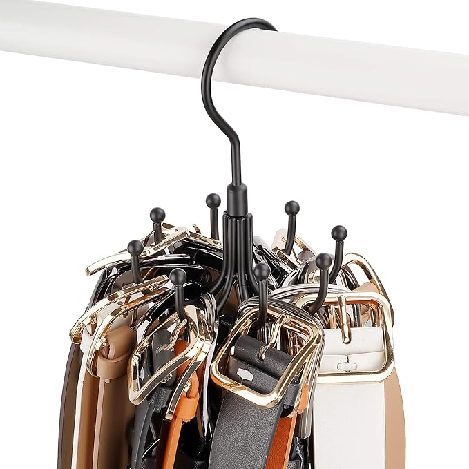 ZEDODIER Belt Hanger, Rotatable Belt Rack Closet Accessories Organizer, Maximum 24 Storage Capacity, Hanging Holder Storage Hook for Belt, Bra, Tank Top, Tie, Scarf, Purse, Black