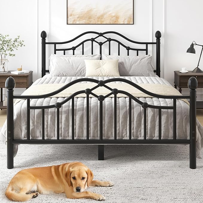 Queen Size Bed Frame, Metal Platform Bed with Victorian Headboard and Footboard, Strong Metal Slats Support, Mattress Foundation No Box Spring Needed, Easy Assembly, Noise Free, Black