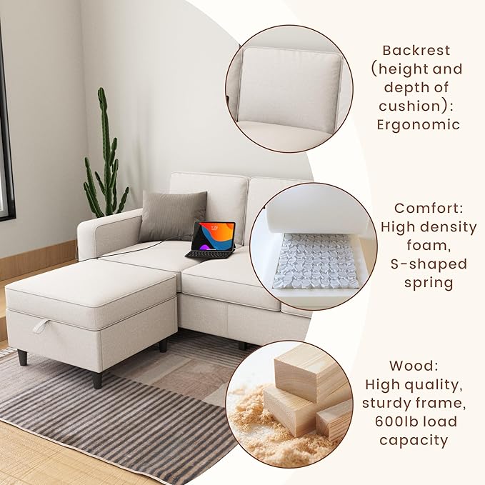Sectional Couches for Living Room - Deep Seater Couch Living Room-Comfy L Shape Modular Sofa,with Storage Chaise-Washable Covers-Suitable for Living Rooms,Apartments,Rooms and Offices-Beige,USB