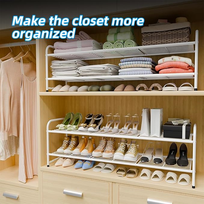 2 Tier Shoe Rack for Closet, 44 Inch Extra Long Shoe Storage Organizer for Shelves, Heavy Duty Metal, Easy Assembly, White