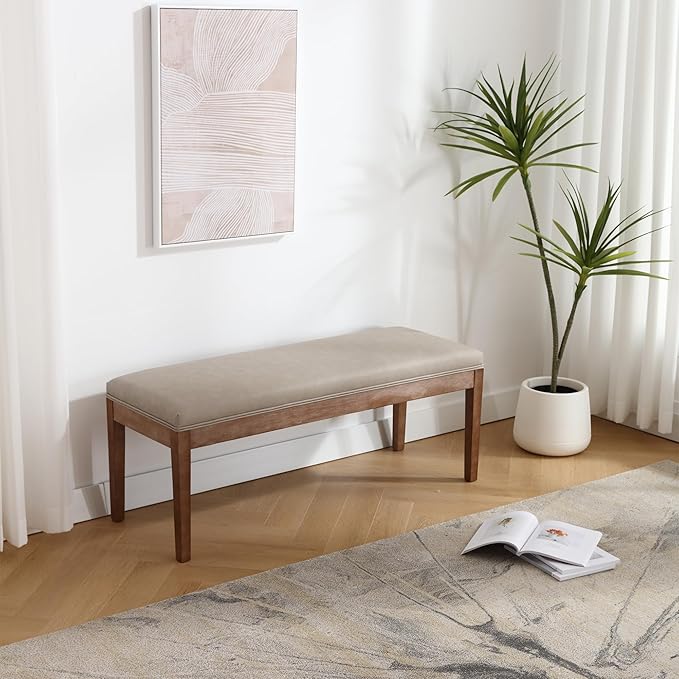 PU Leather Dining Bench Upholstered Entryway Bench Farmhouse Shoe Bench Seat Ottoman for Hallway Living Room Bedroom End of Bed Dining Room Kitchen, 45.5" Long, Gray