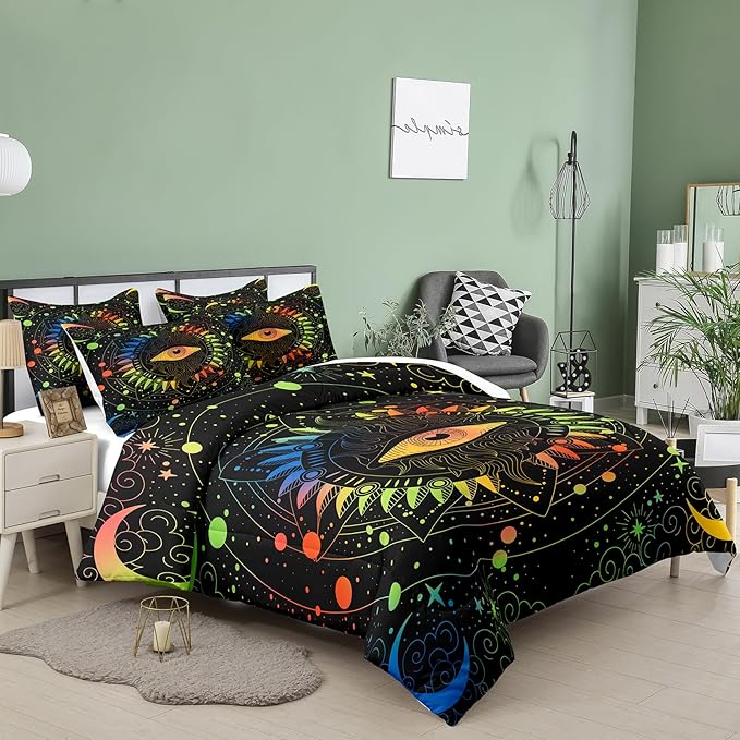 Tailor Shop Celestial Bedding Set King Size,Sun and Moon Bedding Set for Boys Girls Kids Teens, Gothic Comforter Set Witchy Comforter Boho Exotic Black Bed with 2 Pillowcases