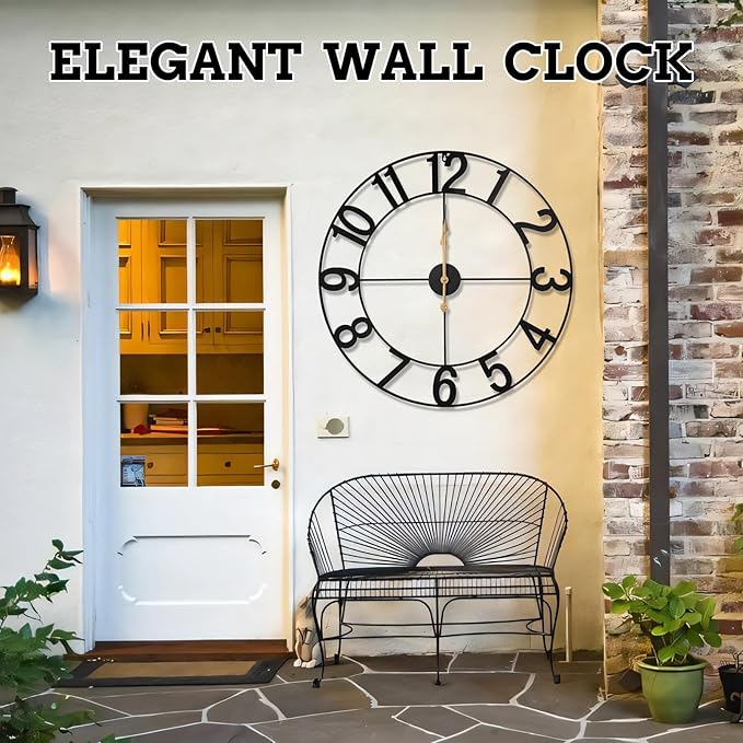 30-Inch Silent Non-Ticking Indoor Outdoor Wall Clock, Battery Operated Vintage Farmhouse Metal Clock with Arabic Numerals for Patio, Pool, Garden, Living Room, Kitchen Decor - Black