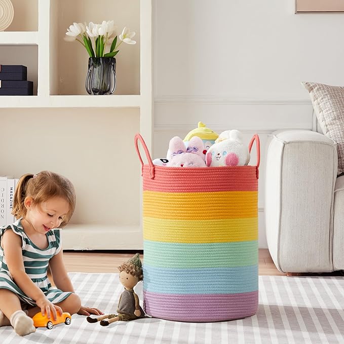 Rainbow Baby Girls Kids Hamper Laundry Basket for Nursery Toddler Clothes Blanket Basket for Toy Woven Rope Unicorn Hamper in Playroom Bedroom