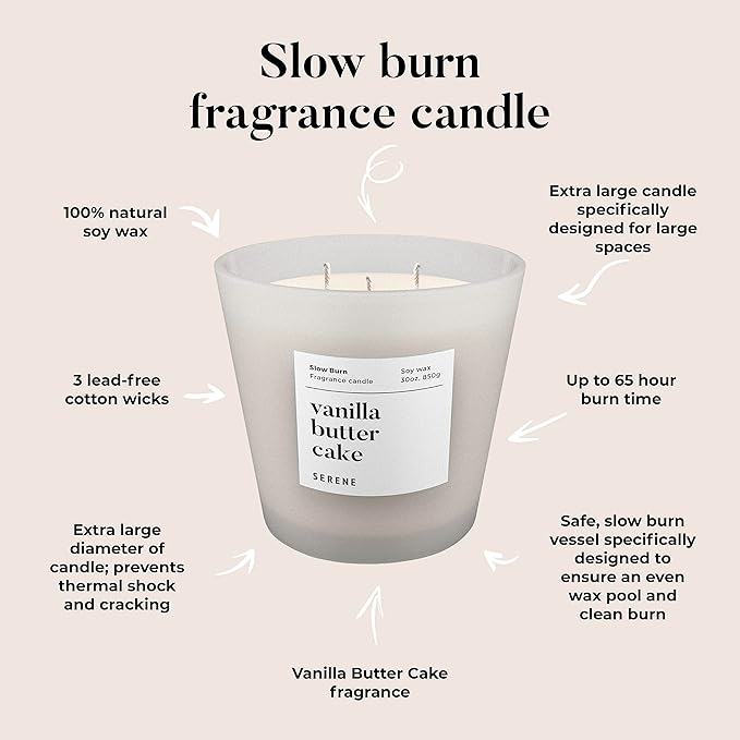 Hidden Label Large Scented Candle, Vanilla Butter Cake, 30oz 3 Wick Huge Candle, Serene Collection Slow Burn Natural Soy Candles for Home Scented