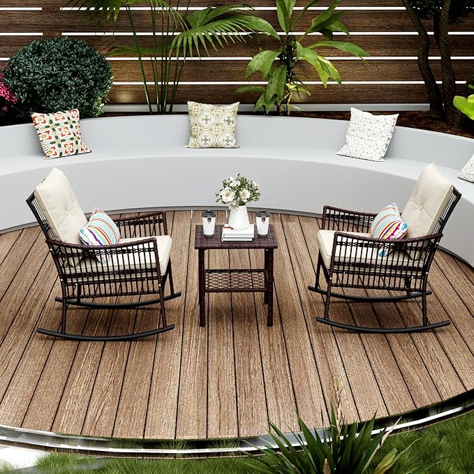 3 Pieces Patio Furniture Set, Outdoor Rocking Chairs Set of 2, Wicker Cushioned Patio Rocker with Side Table for Porch, Garden, Poolside & Deck, Beige