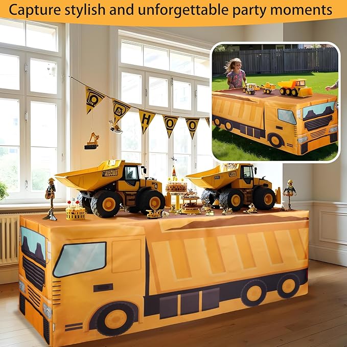 4Ft Construction Vehicle Table Cloth,Construction Birthday Decorations for Kids' Boys' Party Decorations, Baby Shower Birthday Party Supplies