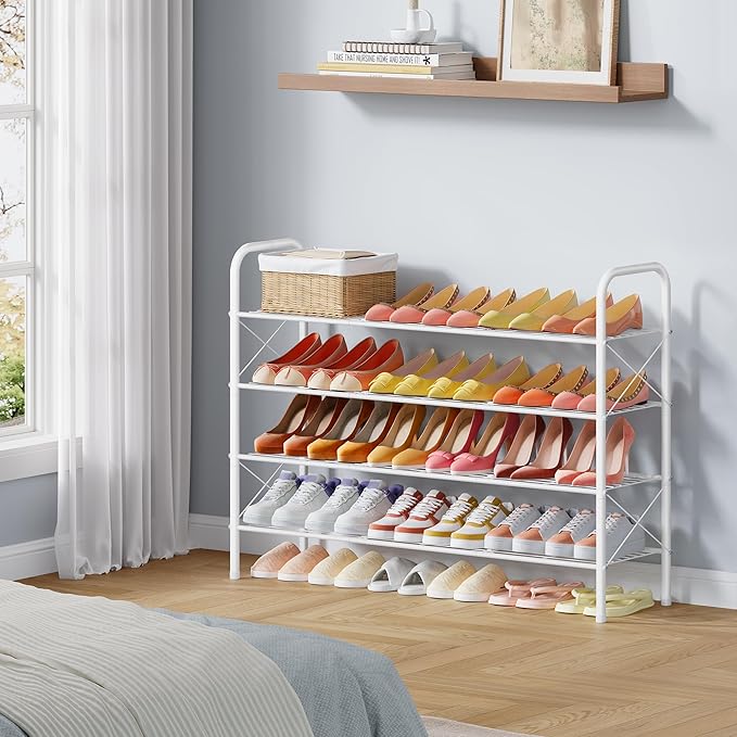 Hoctieon 4 Tier Mesh Style Shoe Rack, Entryway Shoe Shelf, Shoe Storage Organizer, Shoe Rack for Closet, Space Save for Bathroom, Garage, Hallway, Bedroom, Living Room, White