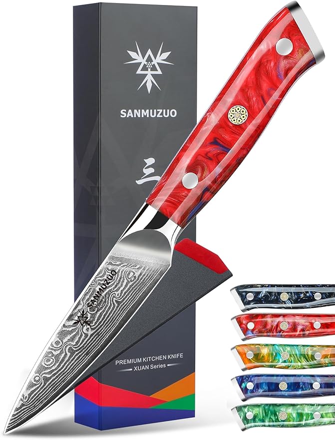 3.5 Inch Paring Knife - Kitchen Fruit Vegetable Knife Damascus Steel & Resin Handle - Xuan Series (Sunset Red)